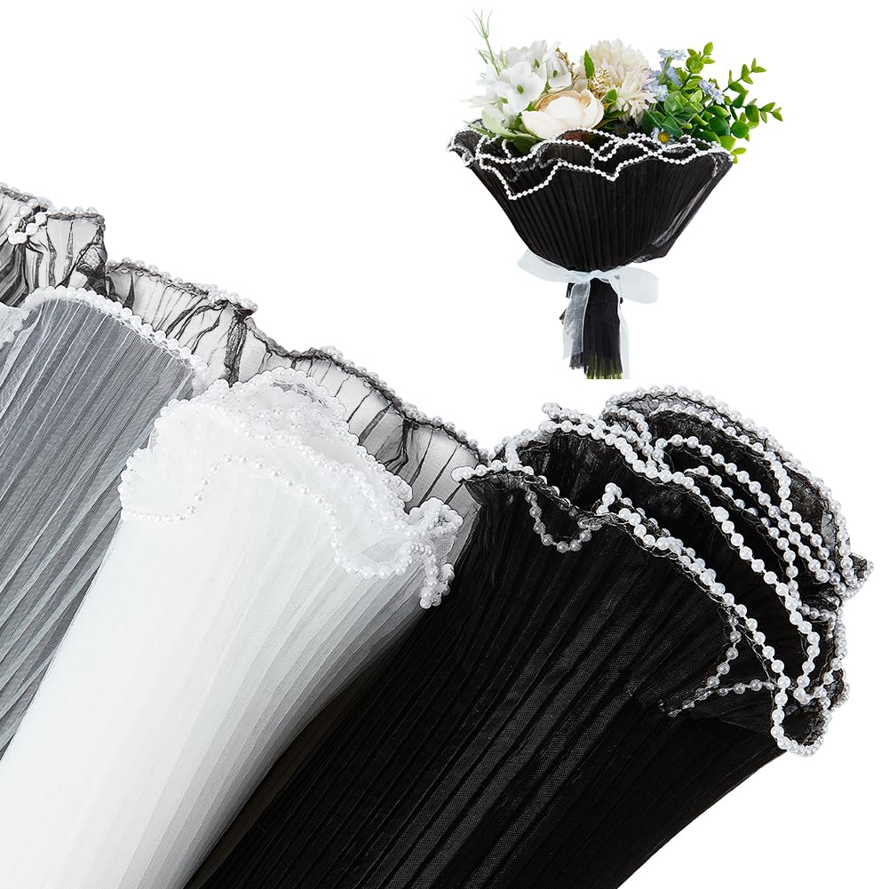 BENECREAT 8m Flower Wrapping Mesh Paper, Black White Bouquet Packaging Paper Wrinkled Wavy Net Yarn with Pearl Edge for Valentine's Decor Flower Florist Supplies, Wedding Gift