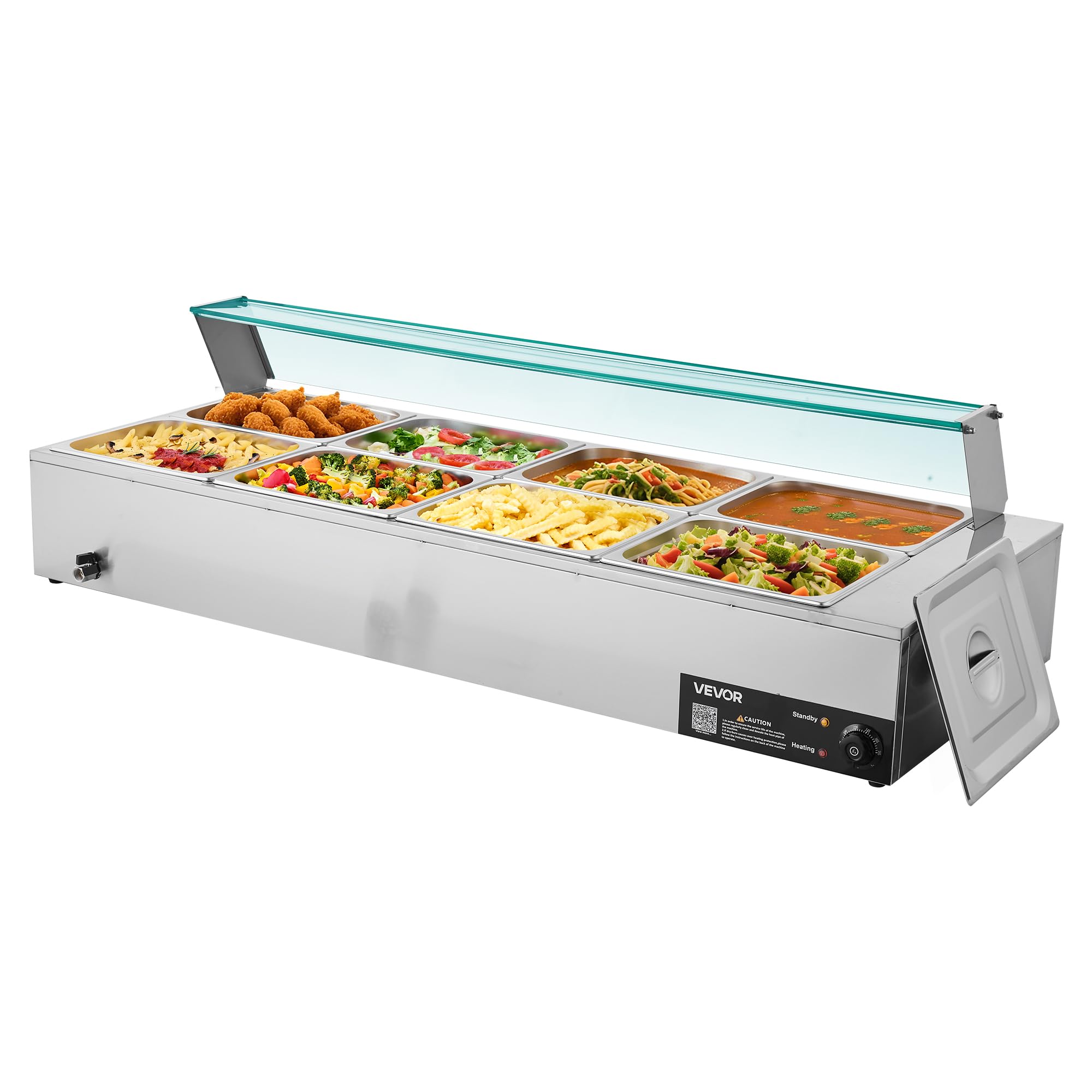 Photo 1 of VEVOR Commercial Food Warmer, 1700W Electric Stainless Steel Steam Food Warmer with Glass Cover, 8-Pan Countertop Buffet Bain Marie with Soup & Perforated Ladles, for Catering, Restaurant & Party