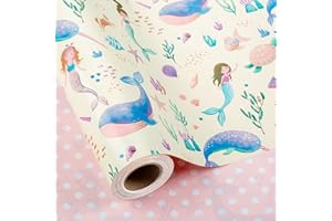 Flyhill Reversible Mermaid Wrapping Paper Roll,Metallic Foil Whale,Turtle and Sea Creature with Pink Polka Dot for Kids,GirlsBirthday,Baby Shower,Mini Roll (17 IN x 32.8 FT)