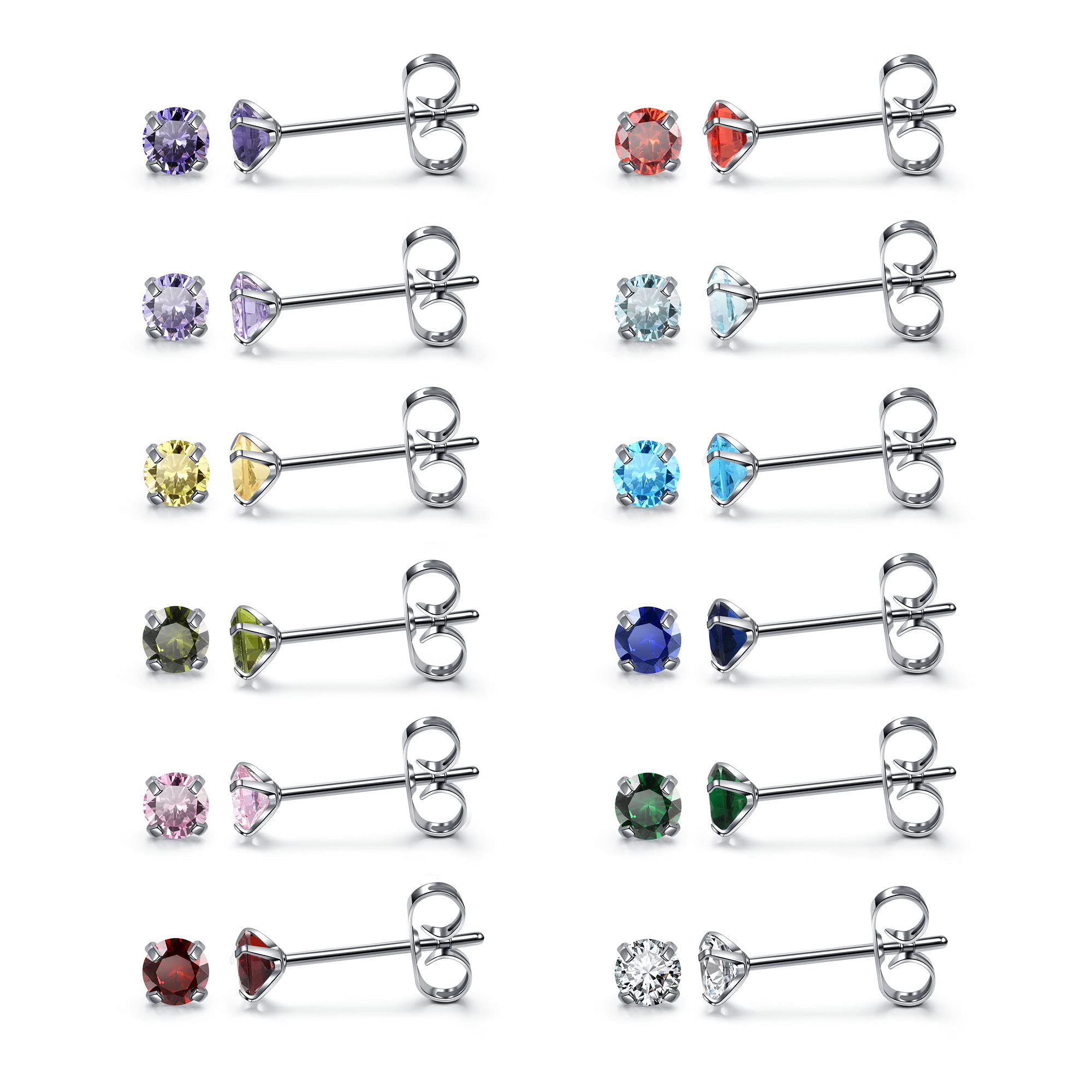 JOVIVI 24pc Silver Stud Earrings Gifts for Women Girls,4mm Small Cubic Zirconia Birthstones Earrings Surgical Steel Sleeper Ear Studs Jewellery Set,Mum Mothers Day Birthday Presents