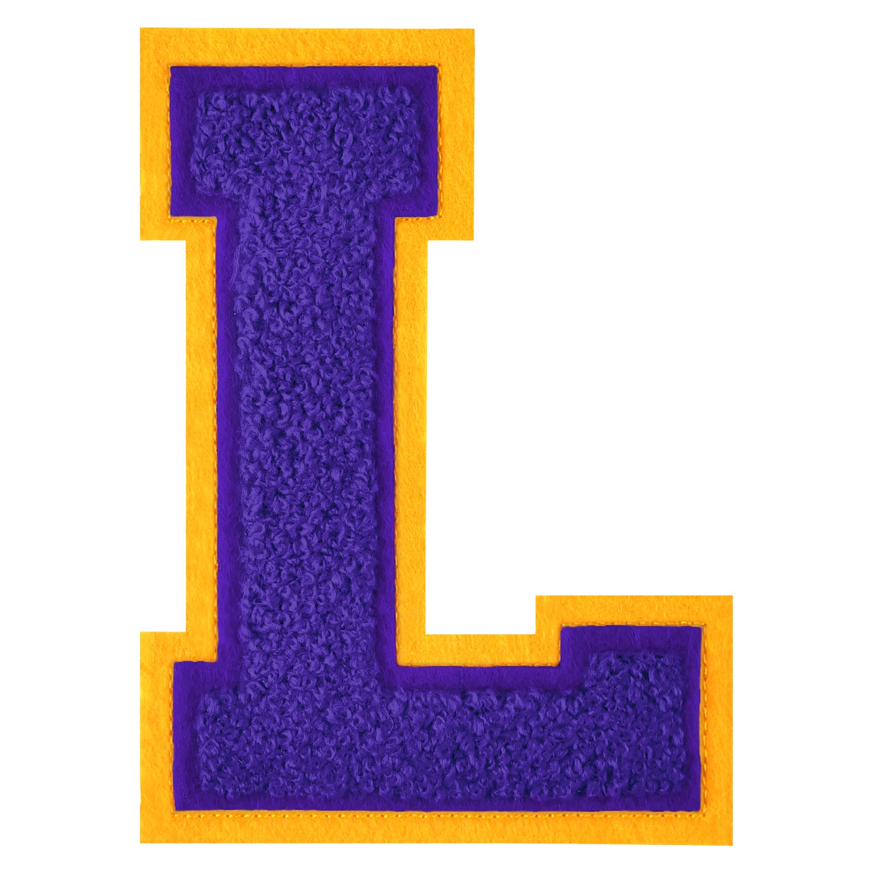 Photo 1 of 1 PC 4.5" Purple with Yellow Trim Chenille Varsity Letter Patch – Iron-On Applique for Letterman Jackets, Backpacks, Hoodies, Shirts, Team Uniforms – FlashMind