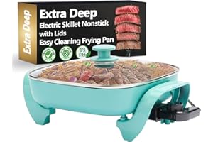 Electric Skillet Ceramic Nonstick 5QT - 12" Square with Glass Lid, Adjustable Temperature Control, Dishwasher Safe, Turquoise, Nozaya