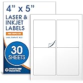 4" X 5" Matte White Printable Labels for Inkjet and Laser Printers - 30 Sheets, 120 Custom Stickers for Shipping Labels, Address Stickers, Organization - Spartan Industrial Template R022