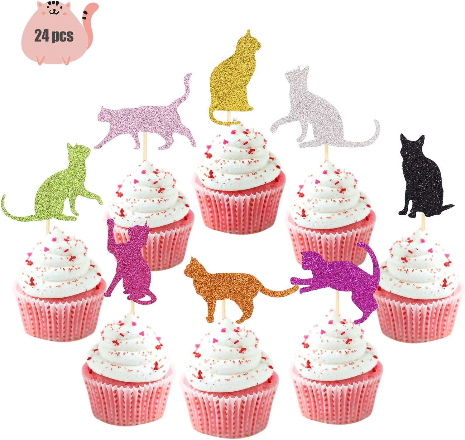 Cat Cupcake Toppers Shiny Kitty Pet Decorations for Birthday Baby Shower Kid's Party Wedding Engagement Decors 24pcs