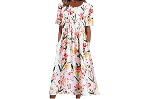 Feancey Womens Summer Dresses Plus Size Short Sleeve Maxi Dress Button V-Neck Boho Dress Floral Mid-Calf Dress with Pockets
