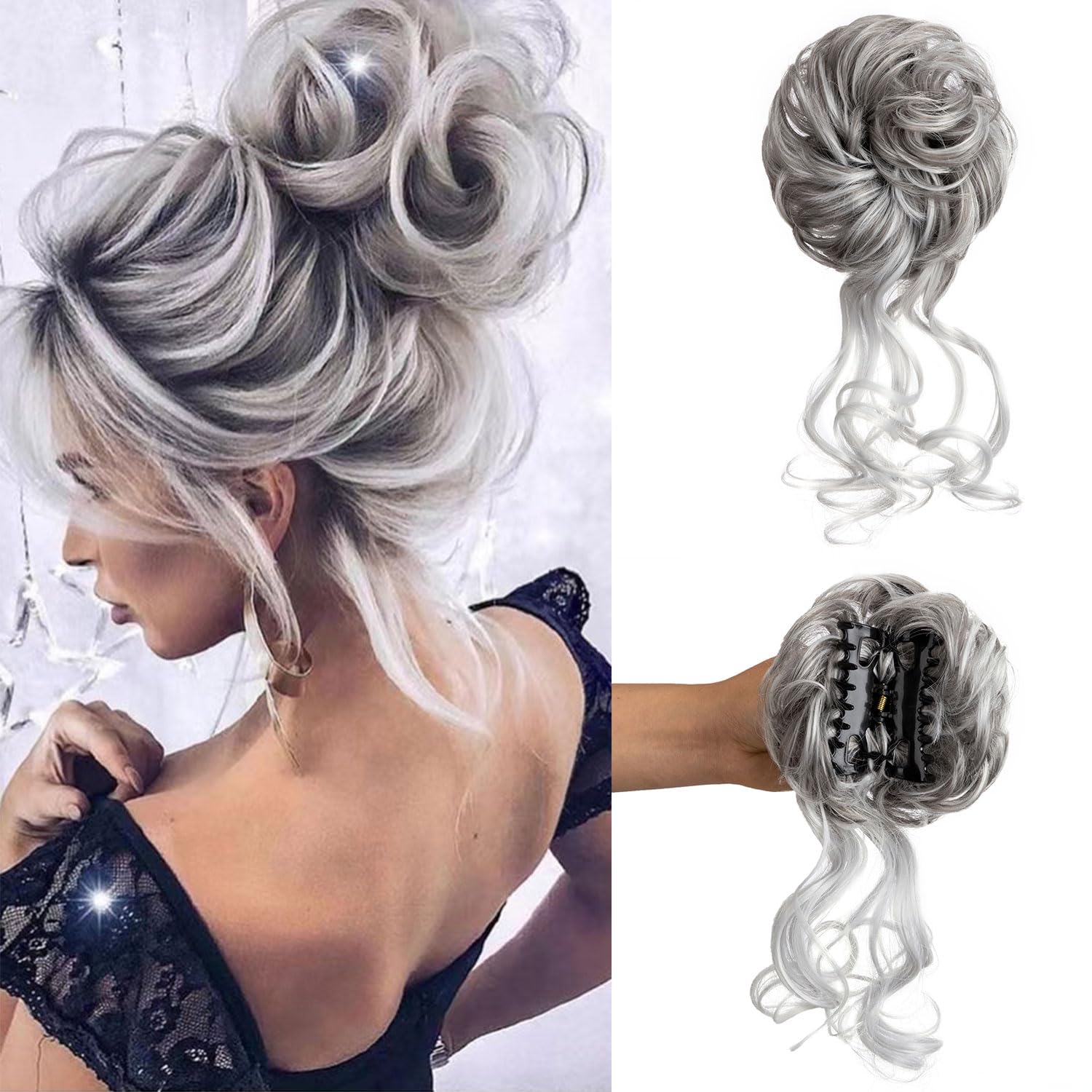 Claw Clip Messy Bun Hair Piece Tousled Updo Hair Buns Extension Elastic Hair Band Hair Pieces Curly Scrunchie For Women (Silver)