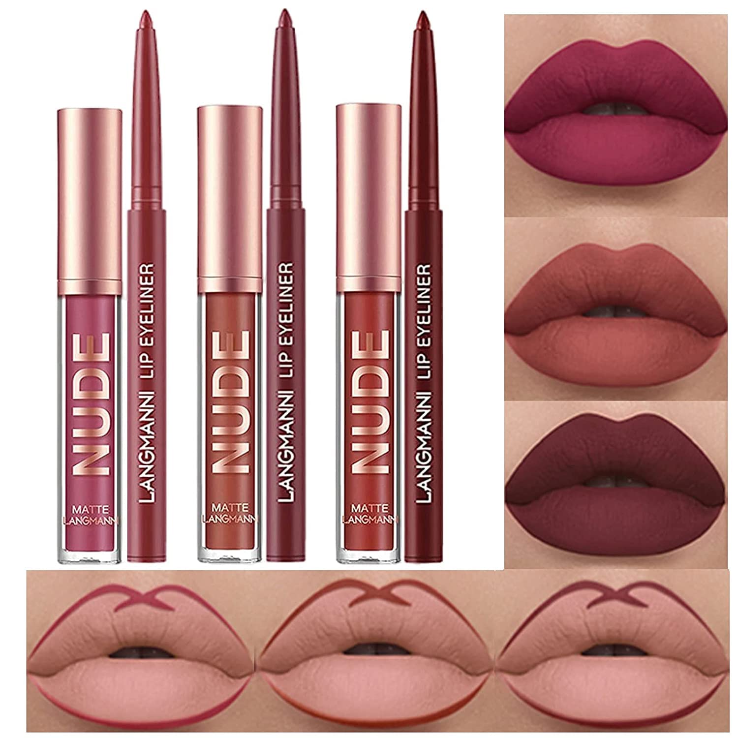 6Pcs Matte Liquid Lipstick Lip Liner Set, Velvety Nude Lipgloss Waterproof Non-Stick Cup Not Fade Liquid Lipstick Lipliner Make Up Gift Set (Set D) — image 1