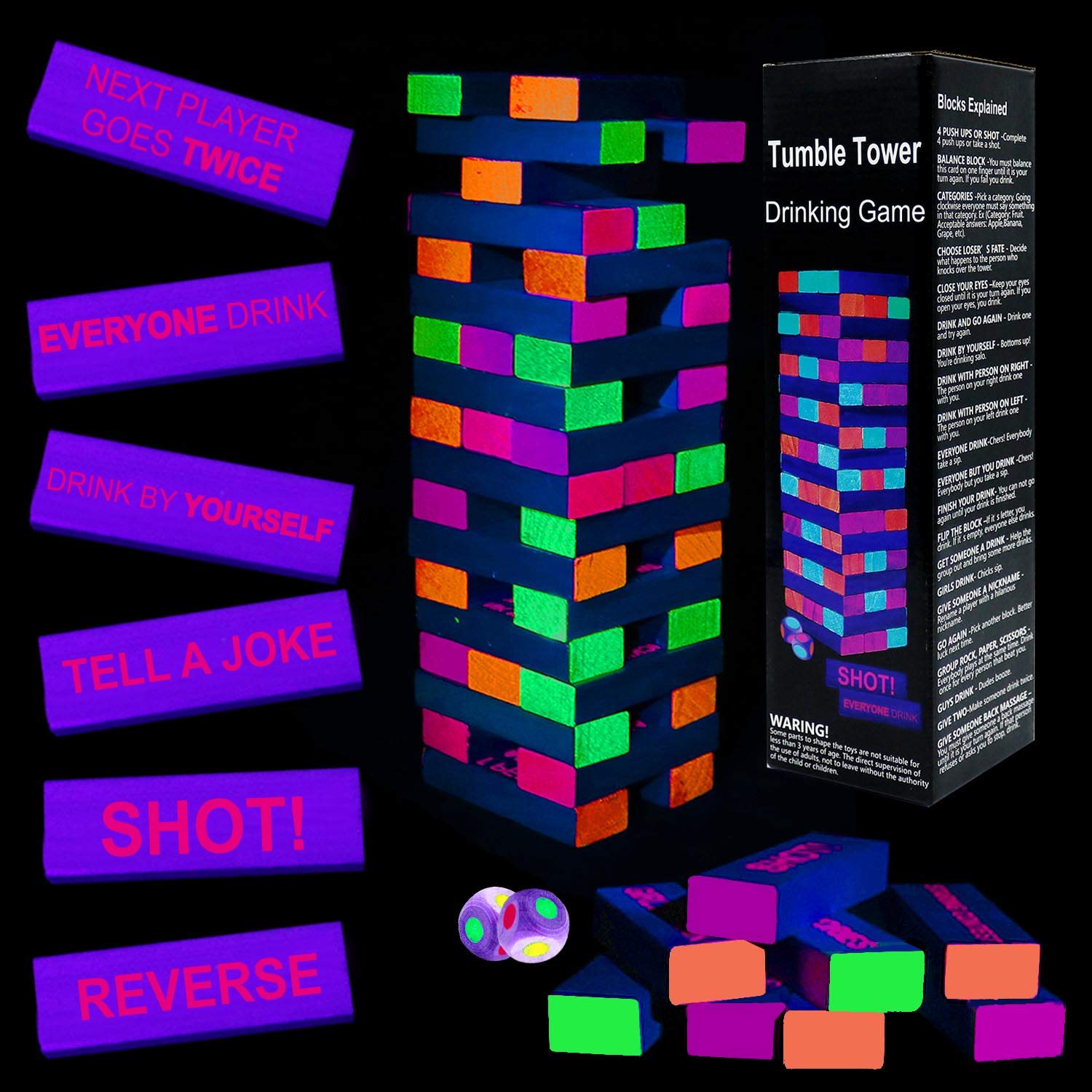 Photo 1 of Drinking Games for Adults Party, Black Light Tumble Tower -Glowing Drinking Games Suitable for Day Or Night, 54 Blocks with Hilarious Drinking Commands, Stacking Games for Adults Party