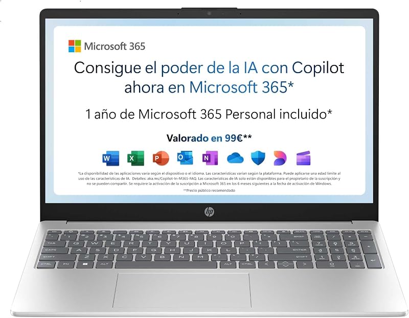 15-fd0261ns - Portátil FHD de 15,6" (Intel N100, 4GB RAM, 128GB UFS, Intel UHD, Windows 11) Prateado - Teclado QWERTY em espanhol - Inclui Microsoft 365 Personal 12 Meses