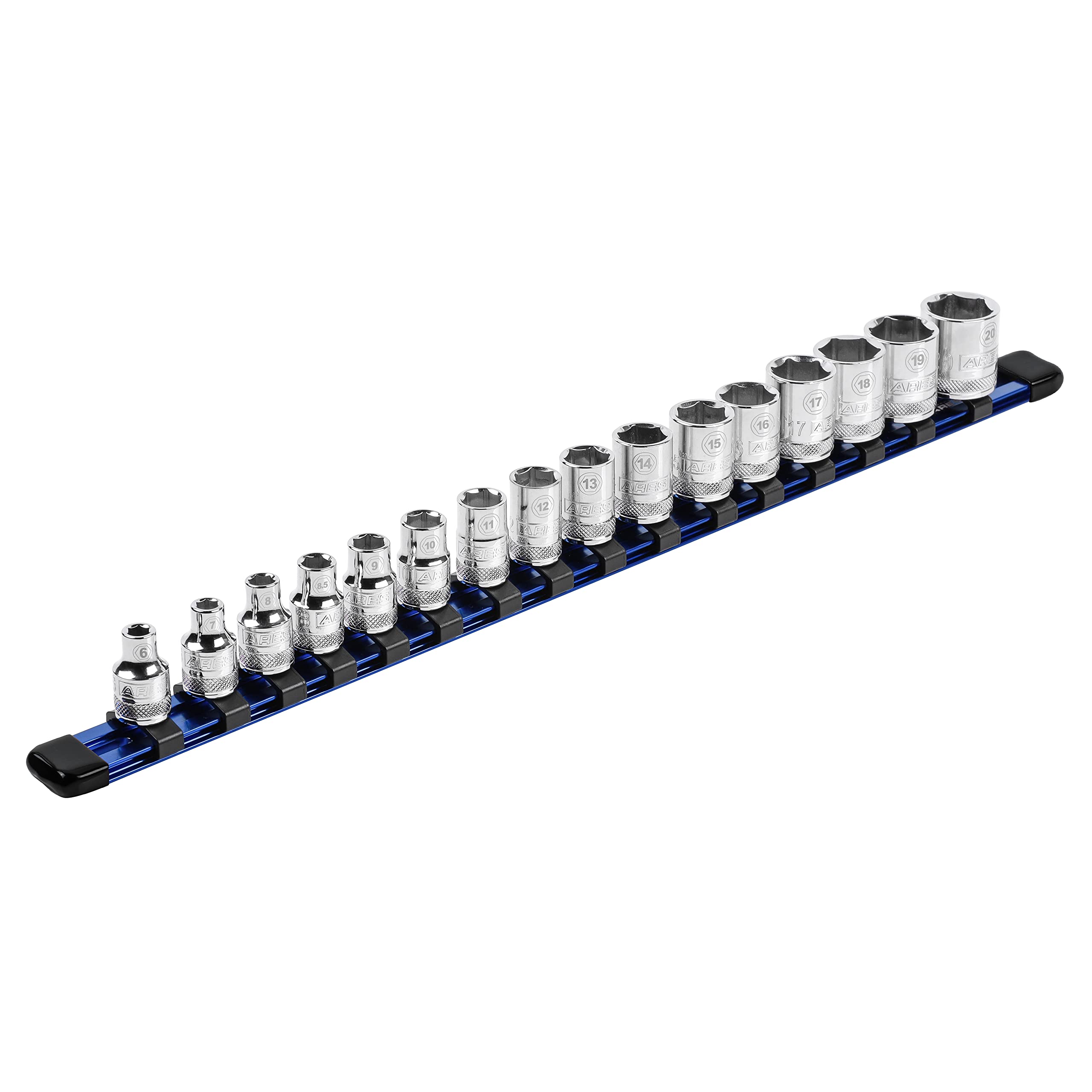 ARES 60043-3/8-Inch Drive Blue Aluminum Socket Organizer - Store up to 16 Sockets and Keep Your Tool Box Organized - Sockets Will Not Fall Off this Rail