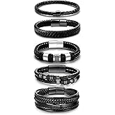 LOWNOUR Black Leather Bracelets for Men Women 5pcs Mens Bracelet Leather and Steel Braided Cuff Bracelets