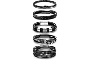 LOWNOUR Black Leather Bracelets for Men Women 5pcs Mens Bracelet Leather and Steel Braided Cuff Bracelets