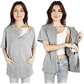 Women's Post-Mastectomy Recovery & Chemo Shirts for Port Access - One-Hand Shoulder Zip Short Sleeve with Drain Bag Pocket