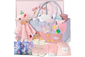 Coralogo Baby Shower Gift Basket - Baby Gift Set with Diaper Caddy, Gifts for New Mom, Gender Reveal Gifts, New Born Essential Include Security Blanket Hat Bib Socks Mittens, Girl