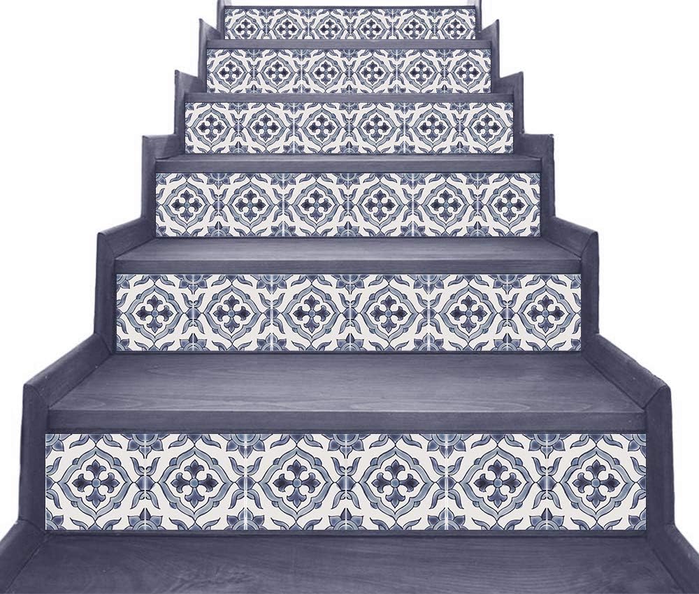 Peel and Stick Stair-Riser Decals - Moroccan Hand Painted Tiles Look - Pack of 5 Strips (Step Height 7.5" inch)