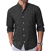 BAYAMO Men's Button-Down Henley Shirts Long Sleeve Cotton Linen Striped Shirts for Men Casual Fashion Business Shirt with Pocket (Black L)