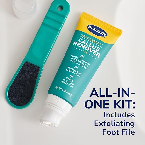 DR. SCHOLL’S FAST ACTING CALLUS REMOVER GEL KIT, HARD SKIN REMOVAL, SMOOTH SOFT FEET IN MINUTES, SALON PROFESSIONAL FORMULA, MESS FREE APPLICATION, EXFOLIATING FOOT FILE PEDICURE TOOL INCLUDED