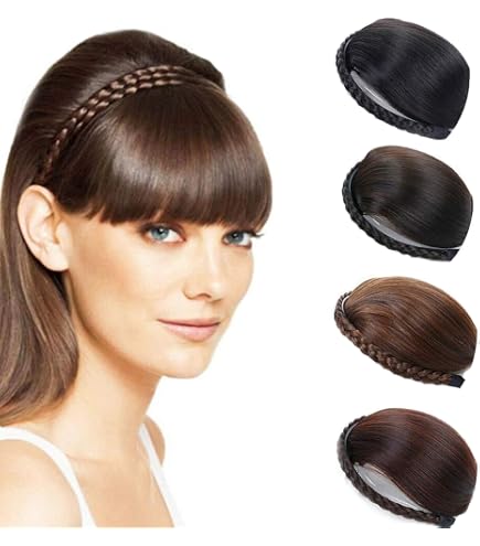 Braided Headband with 3 Detachable Bangs - Synthetic Hair Accessory Braided Headband with 3 Detachable Clip in Bangs Fringe  main image 4