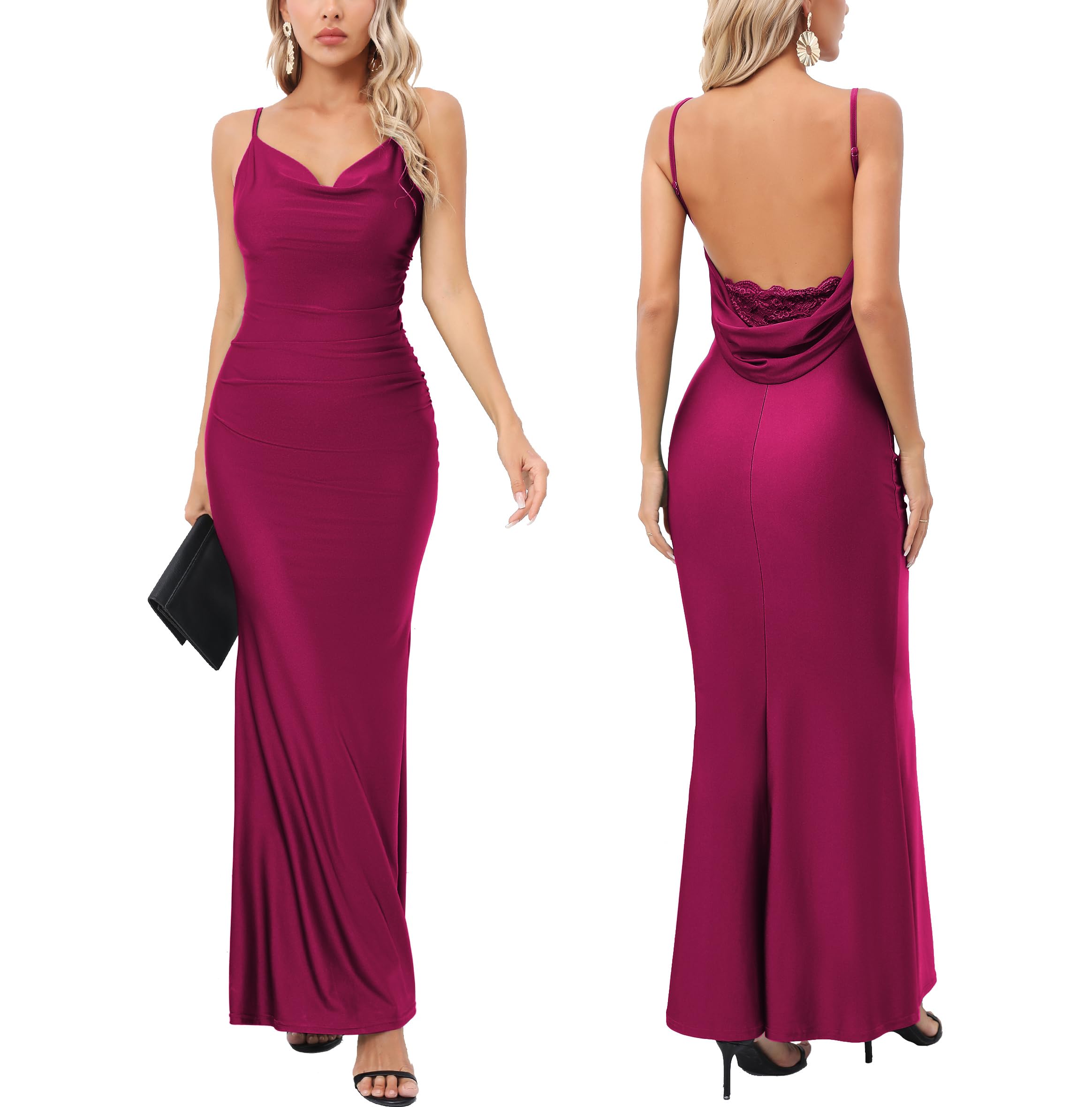 Capuffy Women Drape Neck Formal Maxi Dresses Lace