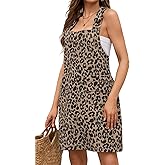 loveimgs Women Casual Leopard Print Short Denim Overall Dress Jean Mini Jumper Cheetah Suspender Pinafore Bib Dress