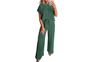 KIRUNDO Summer Sets Women 2 Piece Outfits Casual Ribbed Knit Short Sleeve Tops Wide Leg Pants Lounge Set Travel Tracksuit