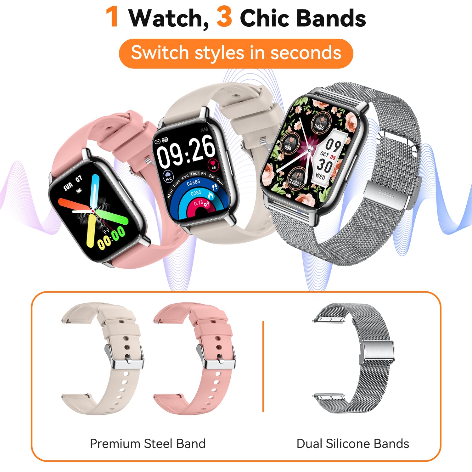 Condition photo showing New/Like New for kriutefy smart watch for women (3 bands), 1.85'' hd fitness tracker with bluetooth calls, ipx8 water