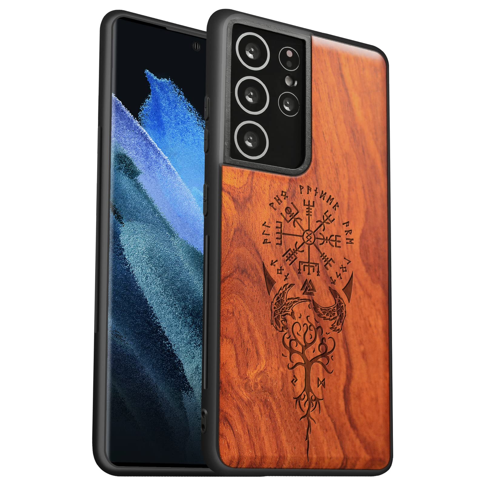 Carveit Wood Case for Galaxy S21 Ultra - Real Wood & TPU Shockproof Protective Cover - Unique Viking Compass Design
