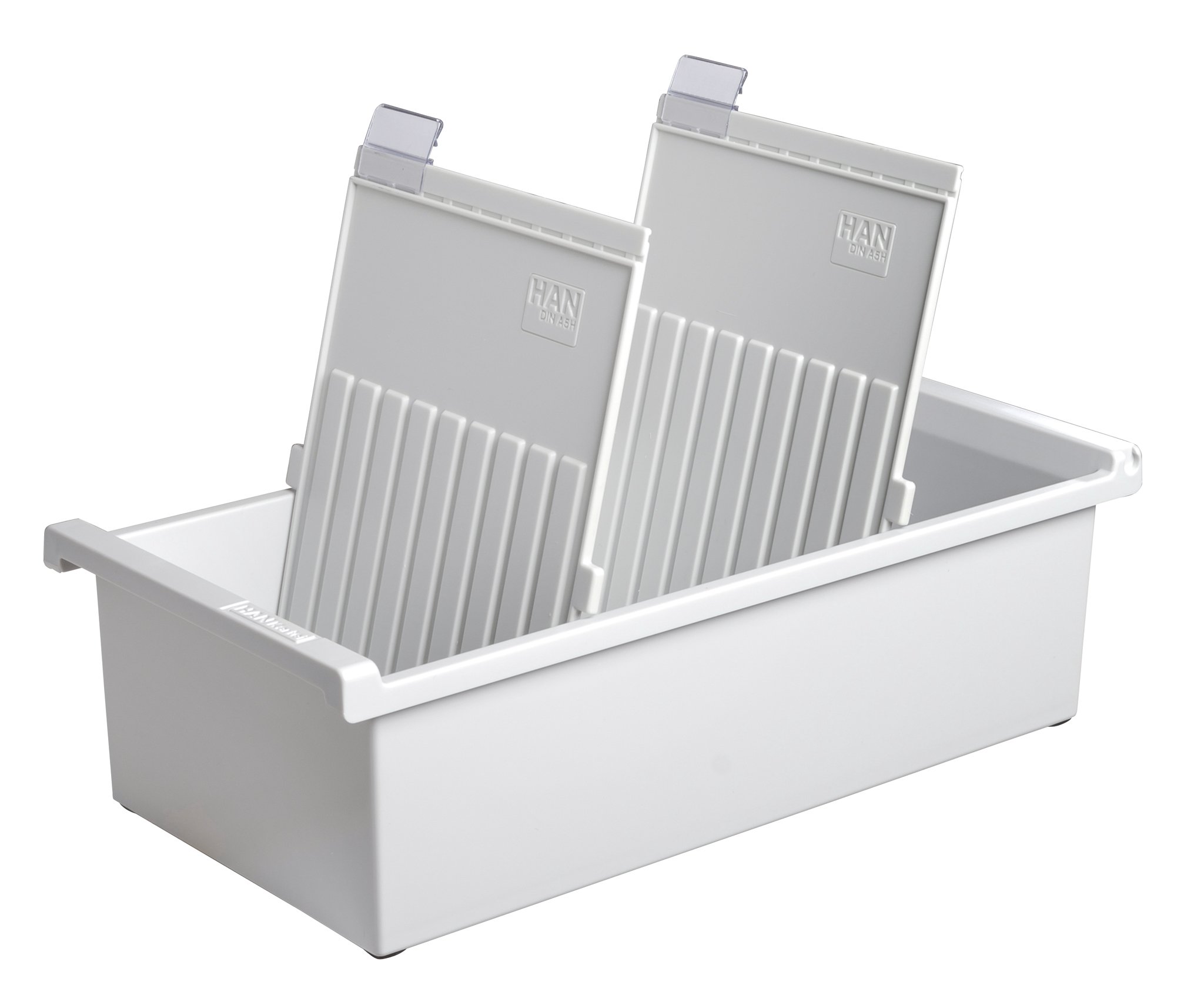 HAN 955-0-1-11, Card index tray A5 portrait. Innovative, attractive design holds 1,300 cards, supplied with 2 support plates with clear file clips, light-grey