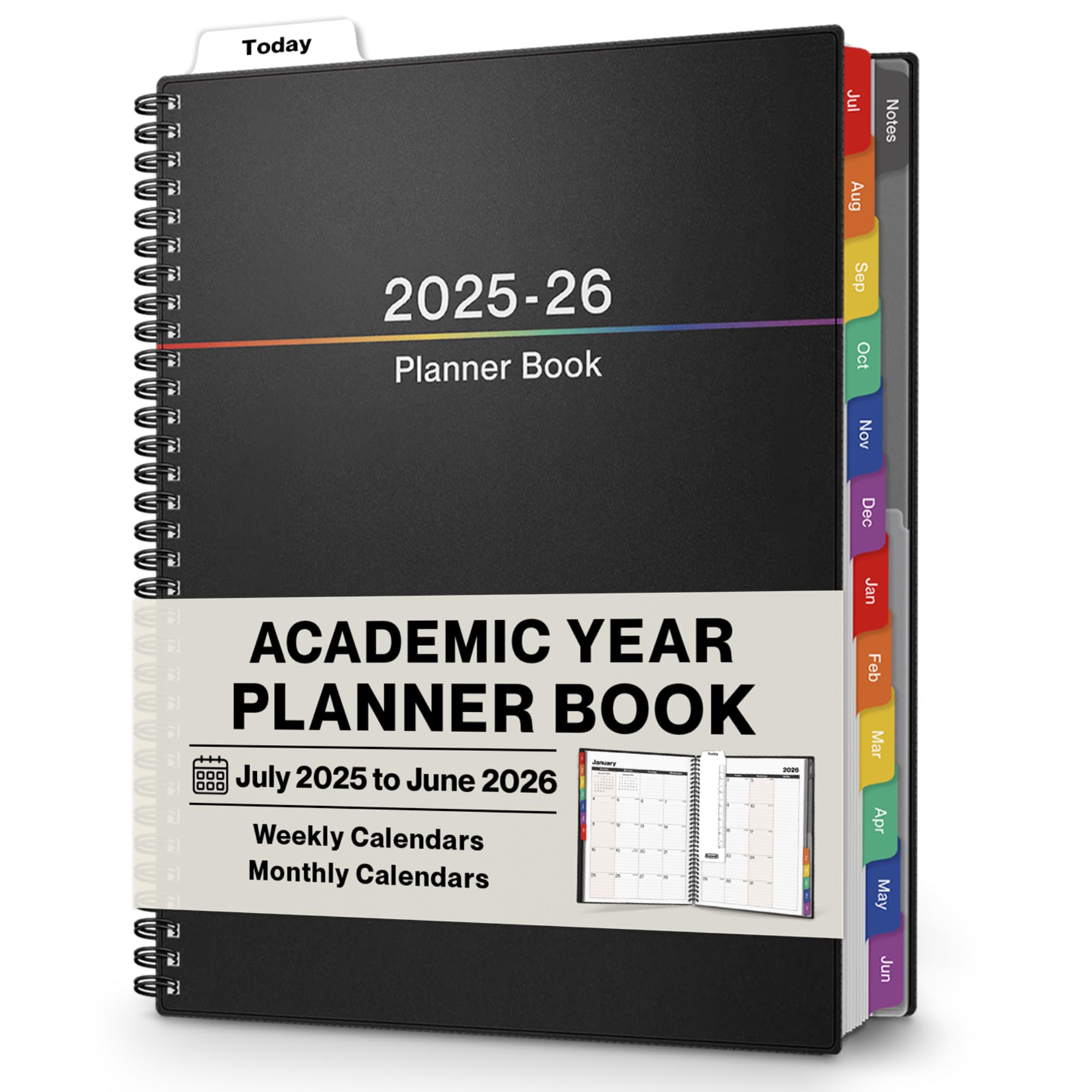 Photo 1 of Dunwell Academic Planner 2025-2026, Large 8.5x11 Weekly Monthly Daily Agenda, July 2025 - June 2026 Organizer, Spiral Bound Calendar Book with Colorful Tabs, Bookmark, Pocket, Stickers; Lays Flat