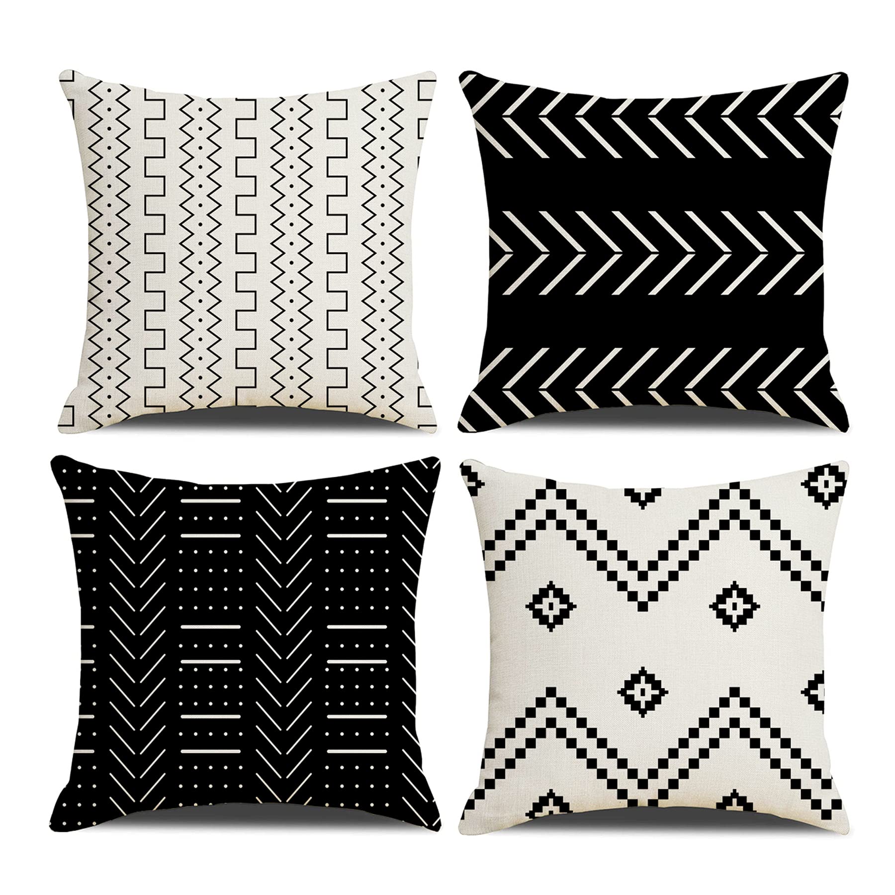 DWDC Cushion Covers 40 x 40 cm Farmhouse Cushioncase cover, Set of 4 Black Textured Patchwork Square PillowCase for Sofa Chair Bedroom Modern Decor Home Office Couch Car Garden