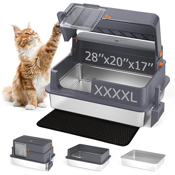 ENCLOSED XXXXL STAINLESS STEEL LITTER BOX, 28″ L...