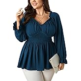 SCOMCHIC Womens Plus Size Tops Long Sleeve Blouse Ruffle Sweetheart Neckline Smocked Peplum Babydoll Top