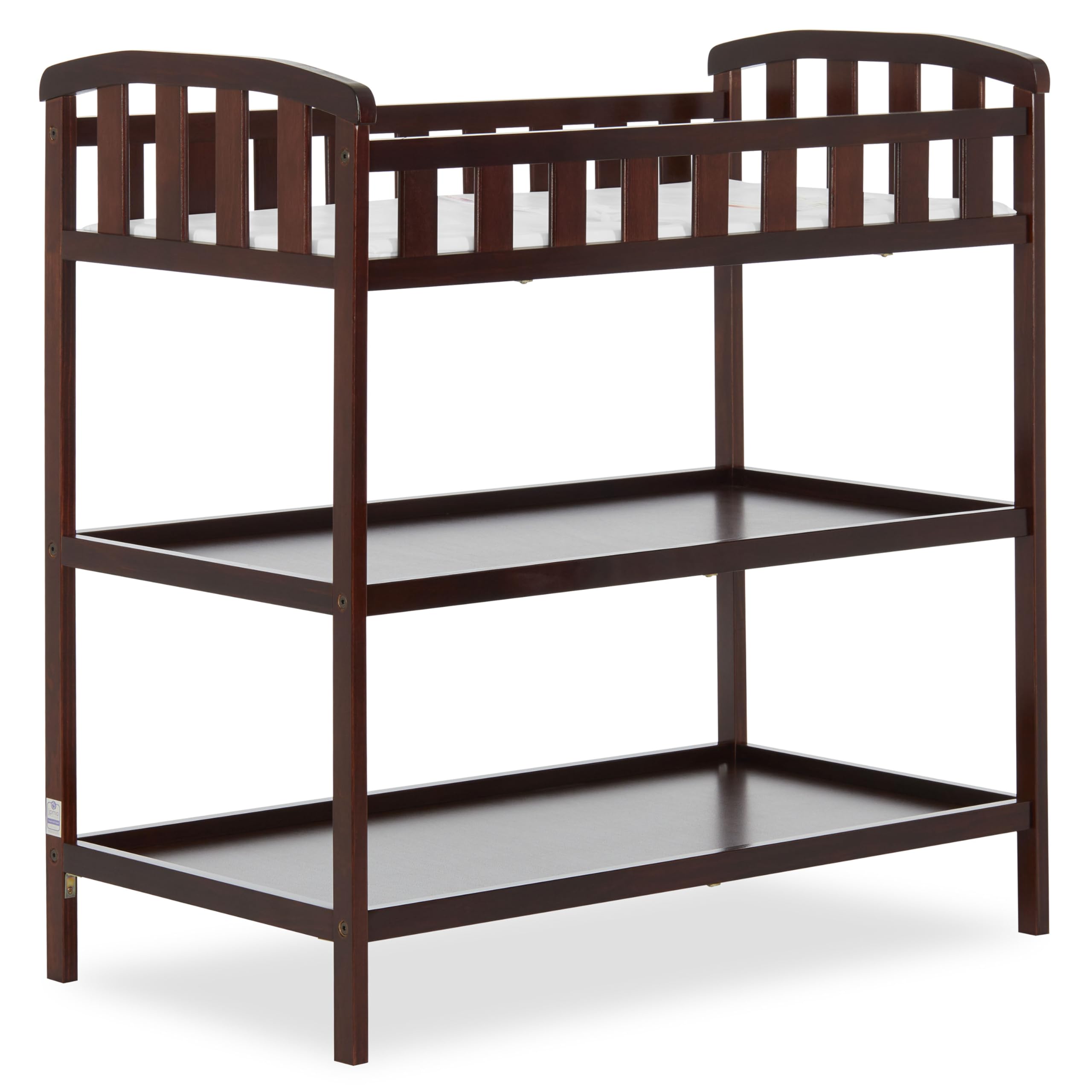 Photo 1 of Dream On Me Emily Changing Table, Compact and Lightweight, Solid New Zealand Pinewood, Elevated Safety Rails, Two Storage Shelves, Includes Water-Resistant 1" Changing Pad — Espresso
