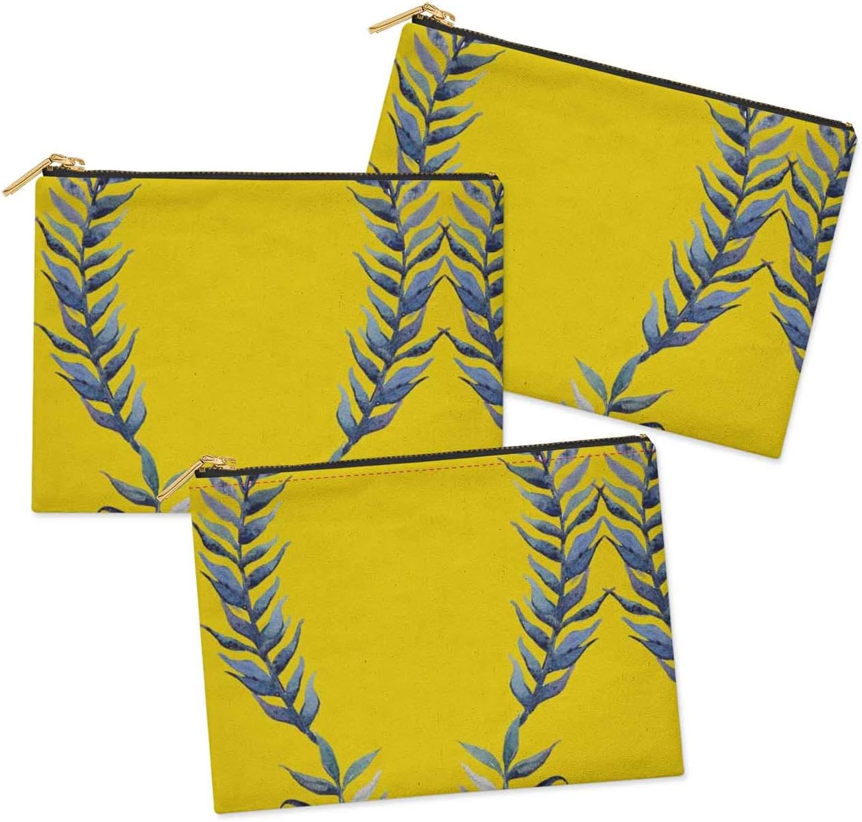 S4Sassy Yellow Laurel Leaves 3 Pc Printed Multipurpose Zipper Make Up Pouch Toiletry Bag Organizer-6 x 8 Inches - Image 3