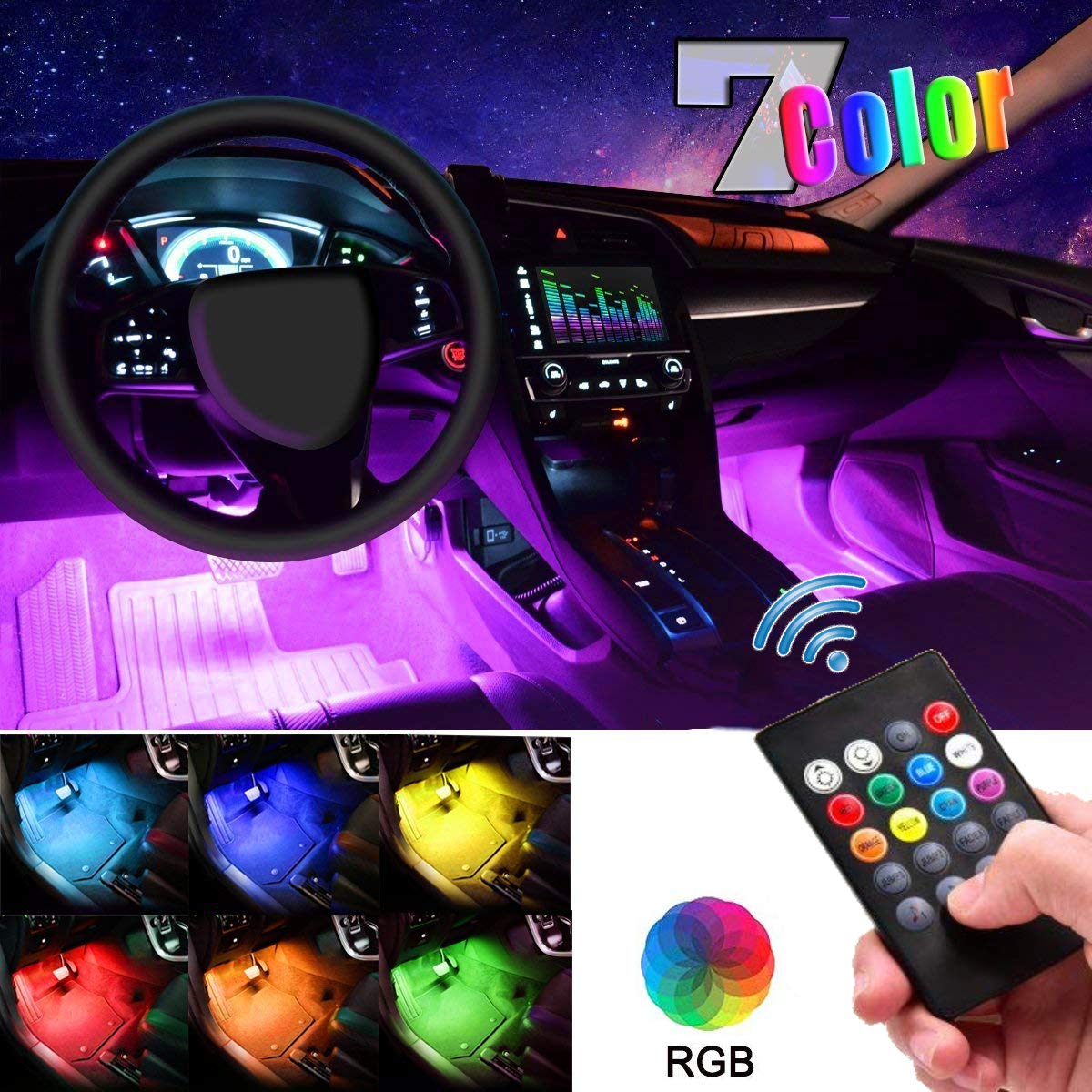 Car LED Strip Light, EJ's SUPER CAR 4pcs 48 LED DC 12V Multicolor Music Car Interior Lights LED Under Dash Lighting Atmosphere Neon Lights Kit with Sound Active Function and Wireless Remote Control&hellip;