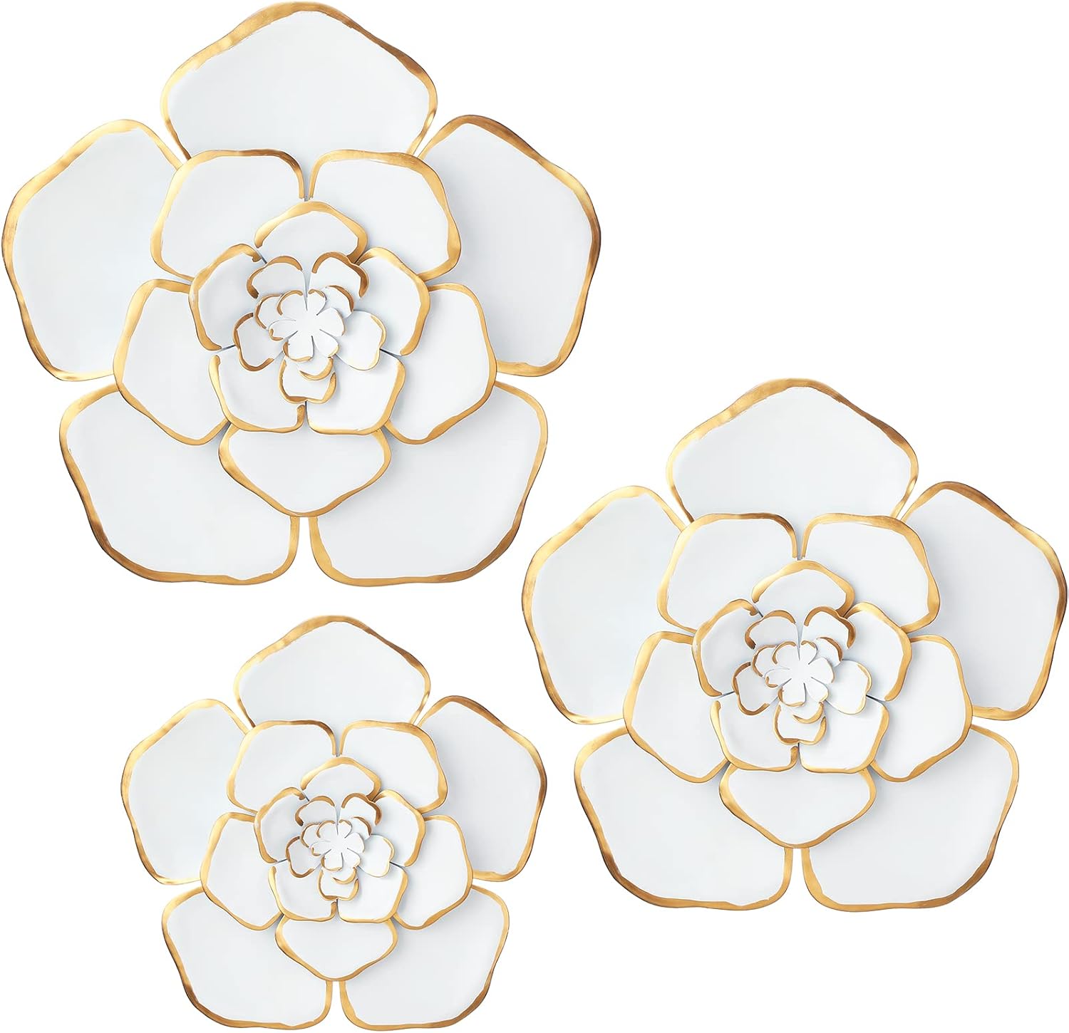 Plaques & Wall Art - Chuangdi 3 Pieces Large Wall Metal Flowers Multiple Layer Home Decoration for Indoor Outdoor Home Garden Office Living Room Garden Porch Patio (White and Gold,Assorted Sizes)