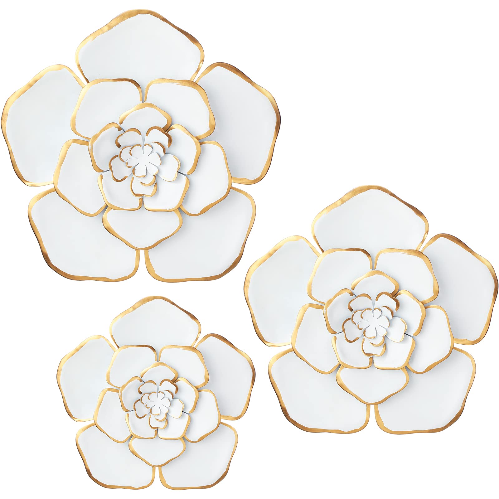 Photo 1 of Chuangdi 3 Pieces Large Wall Metal Flowers Multiple Layer Home Decoration for Indoor Outdoor Home Garden Office Living Room Garden Porch Patio (White and Gold,Assorted Sizes)