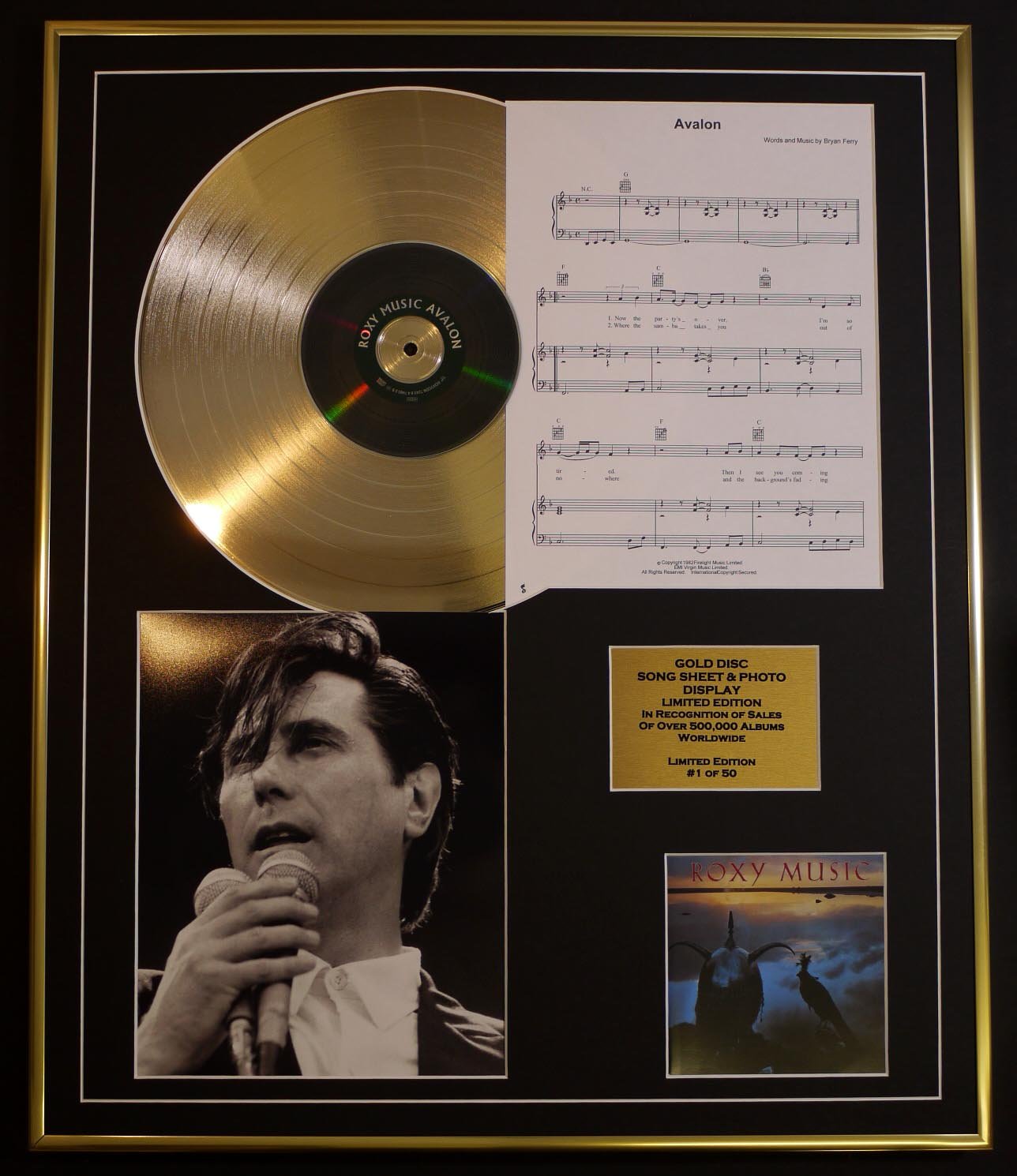 ROXY MUSIC/CD GOLD DISC, SONG SHEET & PHOTO DISPLAY/LTD. EDITION/COA/ALBUM, AVALON/SONG SHEET, AVALON