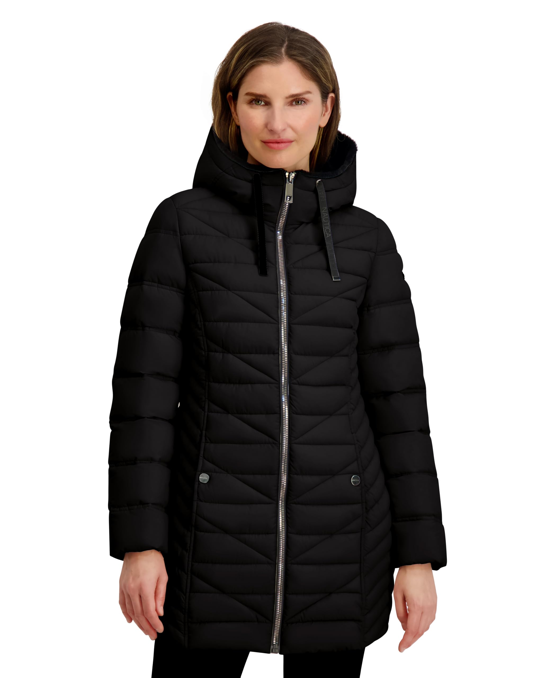 Nautica Women’s Stretch Puffer Jacket with Faux Fur Lined Hood – Wind & Water-Resistant Winter Coat, Black, X-Small