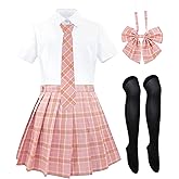 HidmFaw Schoolgirl Outfit for Women Japanese Uniform Set Plaid Skirt Cosplay Sailor Costume with Bow Tie Socks 5 PCS US Size