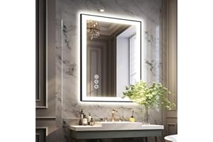 Megatex 24x32 LED Bathroom Mirror, Black Aluminum Framed, Backlit + Front-Lit, 3 Colors Temperature Changeable, Dimmable Vanity Mirror, Tempered Glass, Defog, Waterproof, Memory (Horizontal/Vertical)