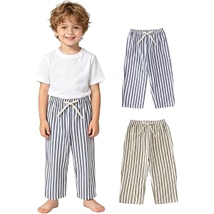 JOYTHREADS Toddler Boys Girls Cotton Linen Pants 2-Pack Kids Summer Lightweight Striped Long Pants 2-7 Years