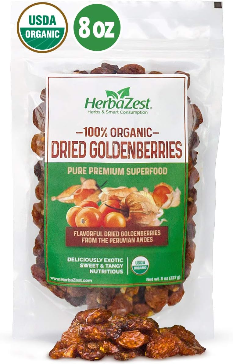 Goldenberries Dried Organic - Healthful & Delicious - Vegan & USDA Certified - 8oz (227g) - Perfect for Snacks, Baked goods, Yogurt, Cereal & Smoothies