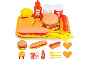 FEGALOP Pretend Play Fast Food Set,Play Food for Kids with Take Apart Burger and Hot Dog Plastic Toys Food,Play Kitchen Accessories Role Play Toys Christmas Birthday Gift for Kids Toddler Boys Girls