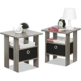 Furinno Andrey 3-Tier Square Side Table Set of 2, Grey Oak | Open Shelf, Storage Bin, Compact End Table, Night Stand, Bedside Table, for Small Spaces, Study, Dorm, Bedroom