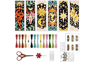 ORIGACH 6 Pcs Cross Stitch Bookmark Kit for Beginner Adults, Tarot The Sun and Star Stamped Embroidery Bookmark Kit with Instruction for Starters Printed Cross Stitch DIY Kits for Book Lovers