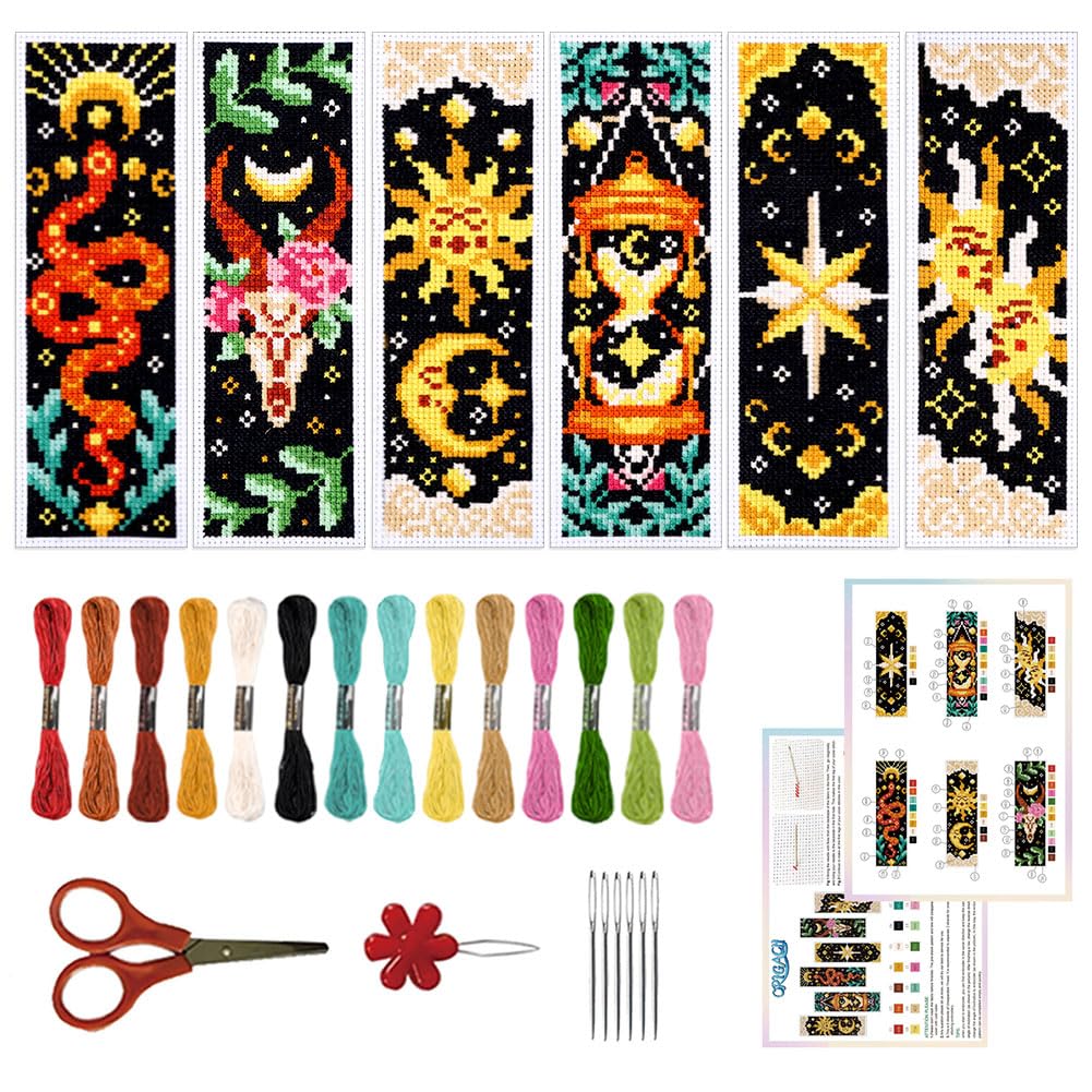 ORIGACH 6 Pcs Cross Stitch Bookmark Kit for Beginner Adults, Tarot The Sun and Star Stamped Embroidery Bookmark Kit with Instruction for Starters Printed Cross Stitch DIY Kits for Book Lovers — image 1
