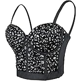 ELLACCI Women's Sexy Rhinestone Punk Bustier Crop Top Push Up Corset Bra Black
