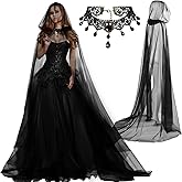Suhine Halloween Ghost Costume Set Witch Cape Haunted Tulle Hooded Cape and Gothic Lace Choker for Women Bride Cosplay(Black, 70.9 Inch)