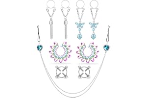 Ocptiy 9PCS Fake Butterfly Nipple Rings Chain Stainless Steel Fake Nipple Rings for Women Non-Piercing Dangle Nipplerings Faux Body Piercing Jewelry